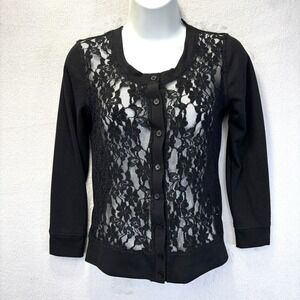 Vintage Y2K Poof Excellence Lace Blouse Top Cardigan Juniors Small Black Sheer